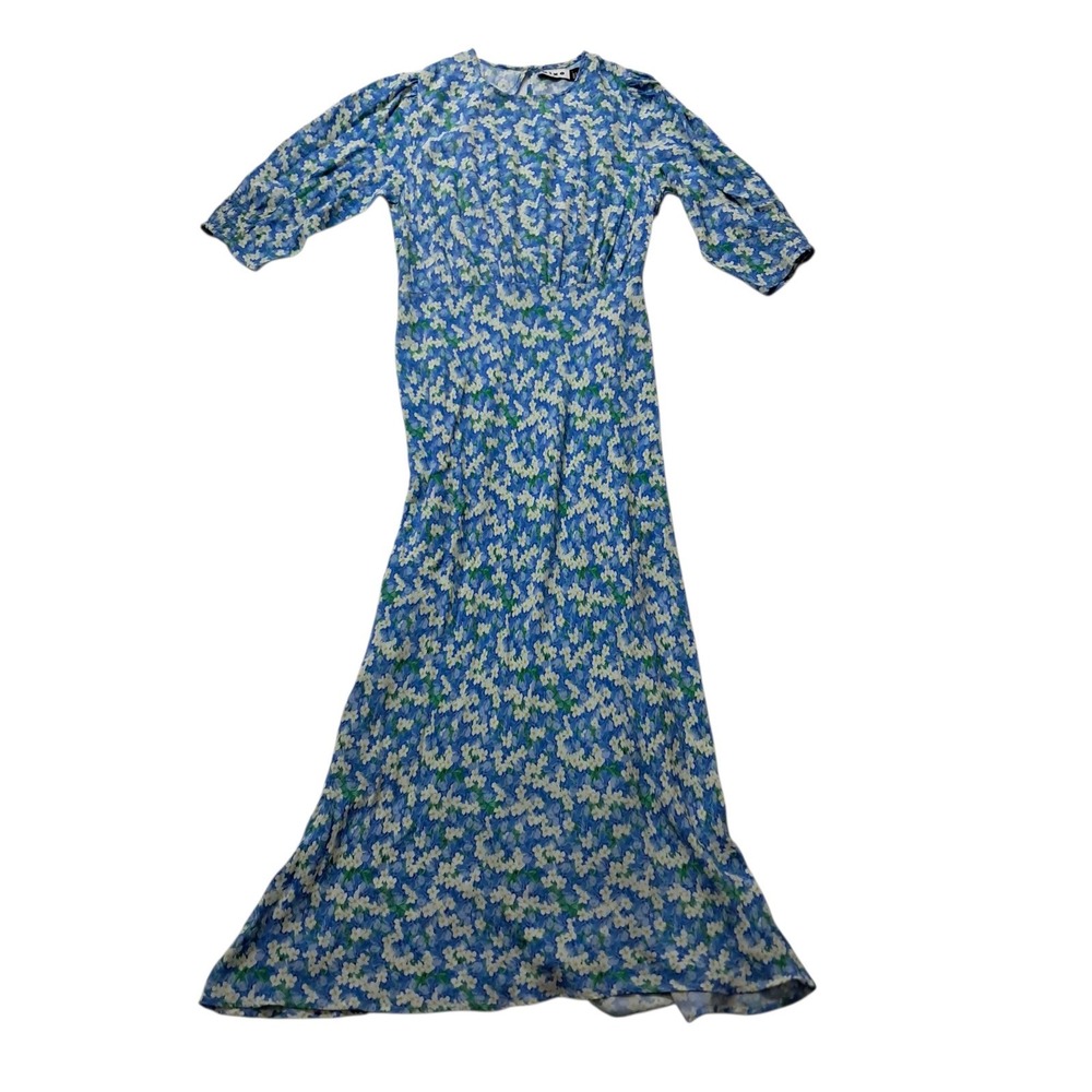 Rixo London Lucile Crepe Midi Dress Womens Small Blue Floral Cottagecore Prairie